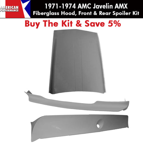 Fiberglass Javelin AMX Style Hood, Front & Rear Spoiler Kit, 1971-1974 AMC Javelin, Javelin AMX - Ships truck freight in approx. 2-4 weeks, freight charges will be invoiced separately
