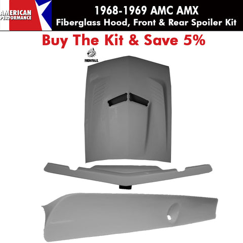 Fiberglass "Mongrel" Hood, Front & Rear Spoiler Kit, 1968-69 AMC AMX - Ships truck freight in approx. 2-4 weeks, freight charges will be invoiced separately