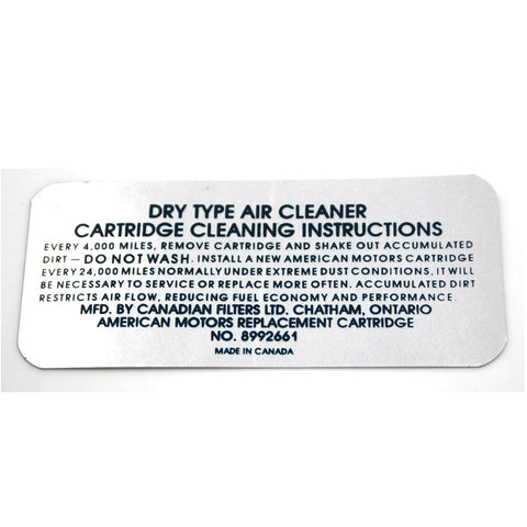 Air Cleaner Service Decal, V-8, 8992661, 1972 AMC