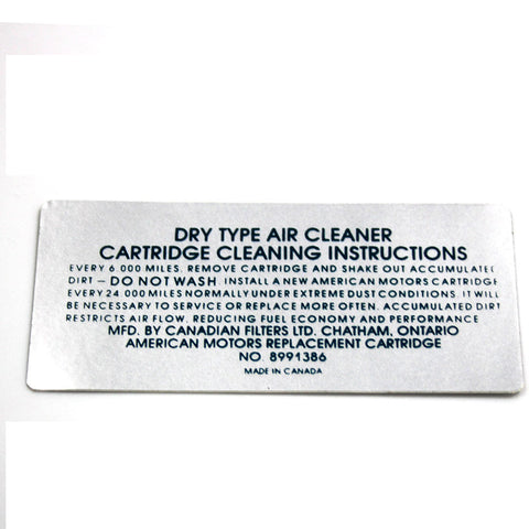 Air Cleaner Service Decal, 6-Cylinder, 8991386, 1972 AMC