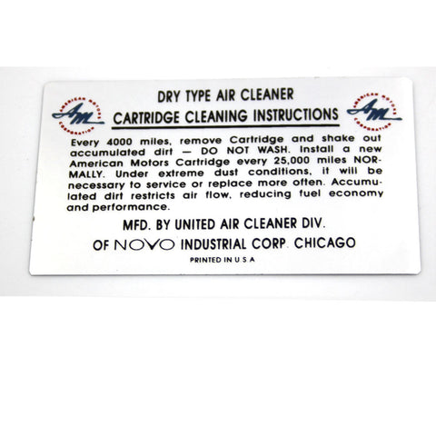 Air Cleaner Service Decal, NOVO, 1960-67 AMC, Rambler - AMC Lives