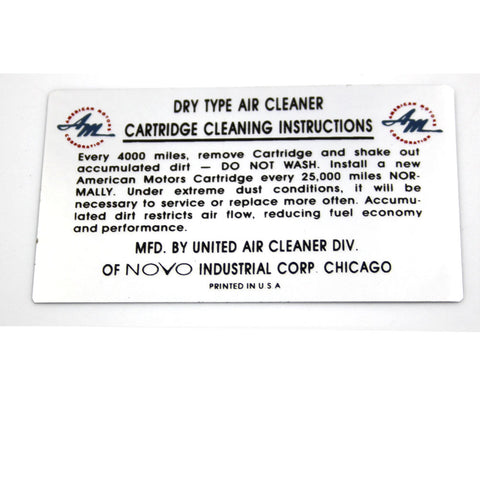 Air Cleaner Service Decal, NOVO, 1960-67 AMC, Rambler