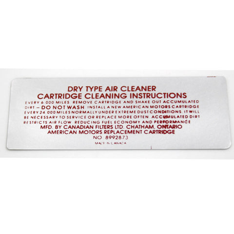 Air Cleaner Service Decal,  V-8, 01-40 8992873, 1973 AMC