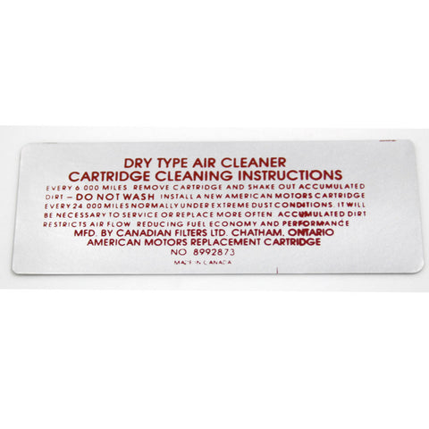 Air Cleaner Service Decal, V-8, 01-40 8992873, 1973 AMC