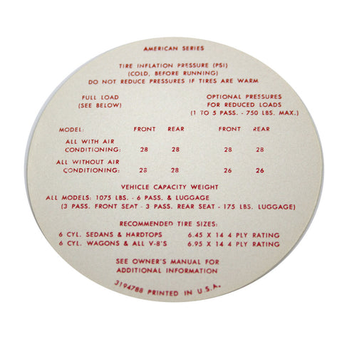 Tire Pressure Decal, 1968 Rambler American
