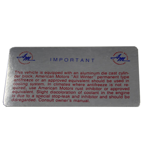 Cooling System Warning Decal, Aluminum Block, 1961-64 Rambler Classic