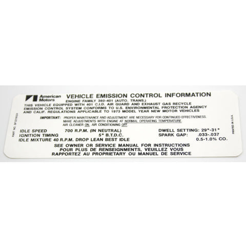Emission Decal, 401 V-8 Automatic Transmission, 3219524, 1973 AMC