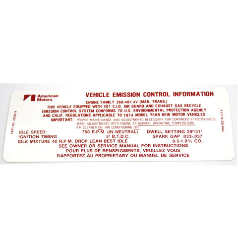 Emission Decal, 401 V-8 Manual Transmission, 3223319, 1974 AMC