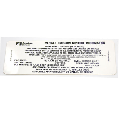 Emission Decal, 401 V-8 Automatic Transmission, 3223315, 1974 AMC