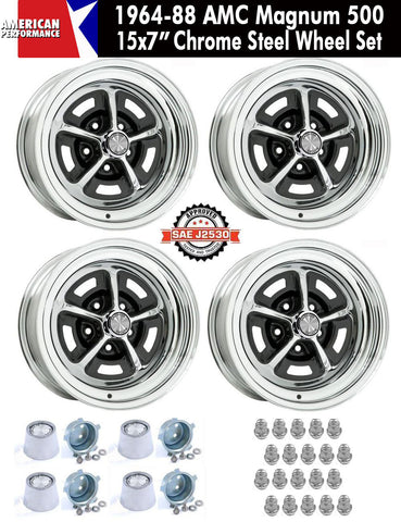 Magnum 500 Wheel, 15X7" Chrome Steel, Set of 4 With Center Caps & Lug Nuts, 1964-88 AMC, Rambler, Eagle - Drop ships in approx. 1-4 weeks