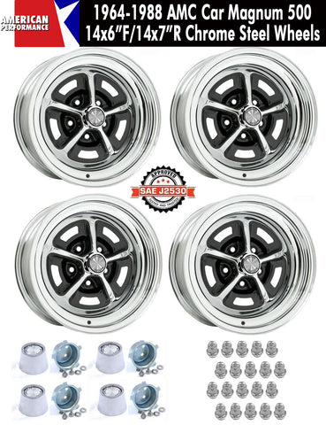 Magnum 500 Wheel, 14X7"/14x8" Staggered Chrome Steel, Set of 4 With Center Caps & Lug Nuts, 1964-88 AMC, Rambler, Eagle (See Applications) - Drop ships in approx. 1-4 weeks
