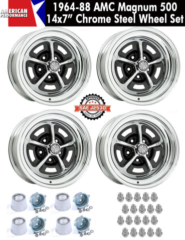 Magnum 500 Wheel, 14X7" Chrome Steel, Set of 4 With Center Caps & Lug Nuts, 1964-88 AMC, Rambler, Eagle - Drop ships in approx. 1-4 weeks