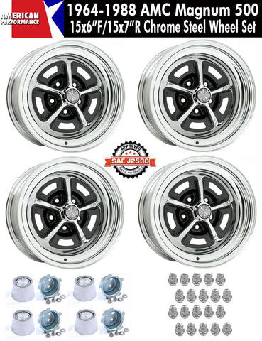 Magnum 500 Wheel, 15X6"/15x7" Staggered Chrome Steel, Set of 4 With Center Caps & Lug Nuts, 1964-88 AMC, Rambler, Eagle - Drop ships in approx. 1-4 weeks