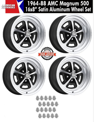 Magnum 500 Wheel, 16x8" Satin Aluminum, Set of 4 With Center Cap Emblems Only & Lug Nuts, 1964-88 AMC, Rambler, Eagle - Drop ships in approx. 1-4 weeks