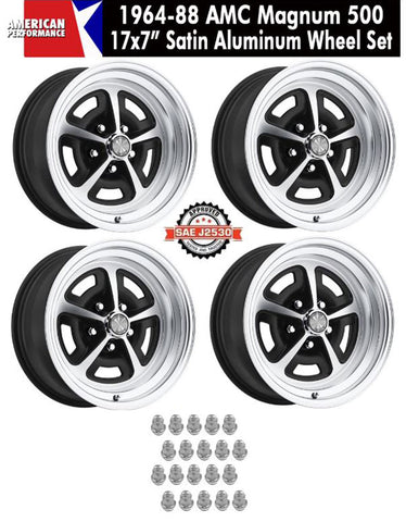 Magnum 500 Wheel, 17x7" Satin Aluminum, Set of 4 With Center Cap Emblems Only & Lug Nuts, 1964-88 AMC, Rambler, Eagle - Drop ships in approx. 1-4 weeks
