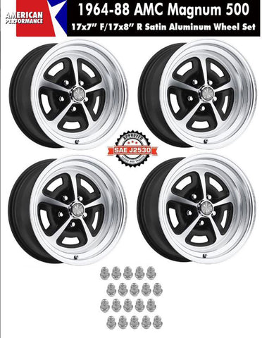 Magnum 500 Wheel, 17X7"/17x8" Staggered Satin Aluminum, Set of 4 With Center Cap Emblems Only & Lug Nuts, 1964-88 AMC, Rambler, Eagle - Drop ships in approx. 1-4 weeks