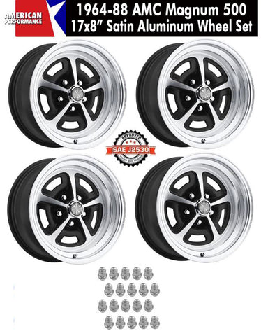 Magnum 500 Wheel, 17x8" Satin Aluminum, Set of 4 With Center Caps Emblems Only & Lug Nuts, 1968-74 AMC Javelin, Javelin AMX, AMX - Drop ships in approx. 1-4 weeks