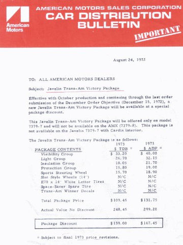 Decal Kit, Trans Am Victory, Factory Authorized Reproduction, 1973 AMC Javelin, Javelin AMX - Drop ships in approx. 1-3 weeks
