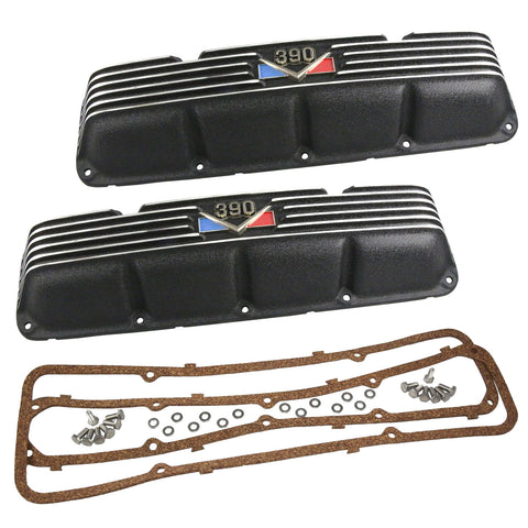 Valve Cover Kit, 390 Logo, Finned Black Wrinkle Aluminum, 1968-70 AMC, Jeep - Allow approximately 2-3 weeks for manufacturing plus shipping
