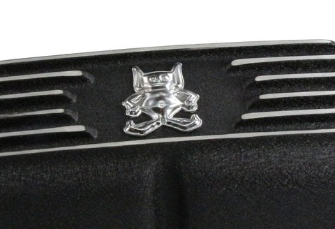 Valve Cover Kit, Gremlin Man Logo, Finned Black Wrinkle Aluminum, 1970-78 AMC Gremlin w/V-8 engine - Allow approximately 2-3 weeks for manufacturing plus shipping