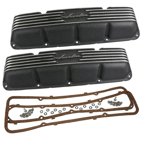 Valve Cover Kit, Javelin Logo, Finned Black Wrinkle Aluminum, 1968-74 AMC Javelin, Javelin AMX - Allow approximately 2-3 weeks for manufacturing plus shipping