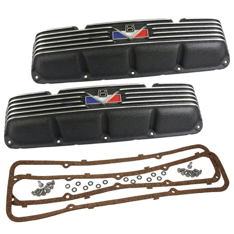 Valve Cover Kit, Red/White/Blue V-8 Logo, Finned Black Wrinkle Aluminum, 1966-91 AMC, Jeep - Allow approximately 2-3 weeks for manufacturing plus shipping
