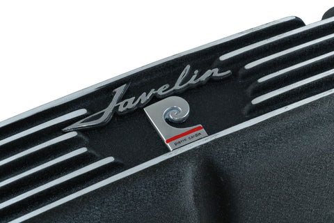 Valve Cover Kit, Pierre Cardin & Javelin Logo, Finned Black Wrinkle Aluminum, 1972-73 AMC Javelin, Javelin AMX - Allow approximately 2-3 weeks for manufacturing plus shipping