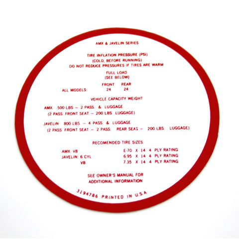 Tire Pressure Decal, 1968-1970 AMX, Javelin