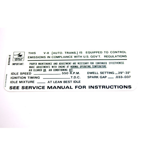 Emission Decal, V-8 Automatic, 1968-69 AMC
