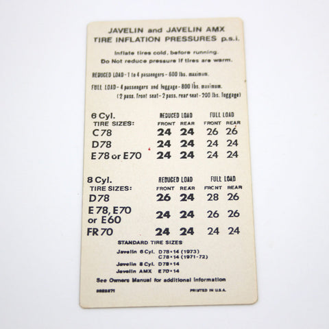 Tire Pressure Decal, 1973-74 AMC Javelin, Javelin AMX