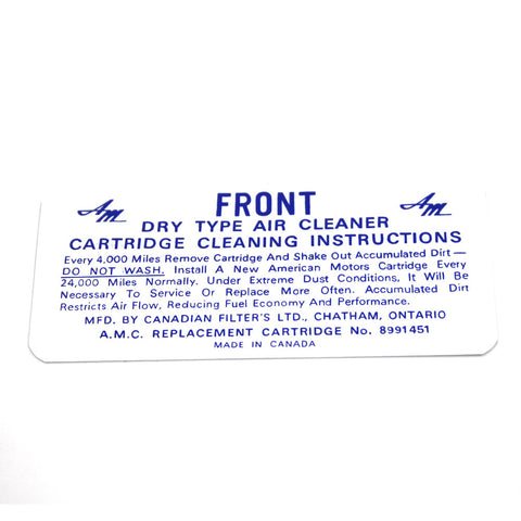 Air Cleaner Service Decal, V8 4V, 1968-70 AMC