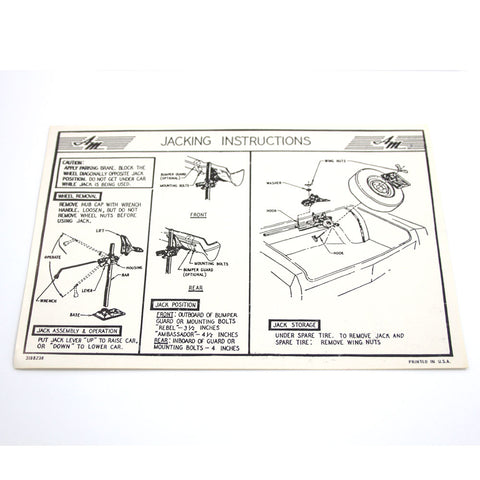 Jack Instructions Decal, Full Size Tire, 1970 Ambassador, Rebel (Except Wagon)