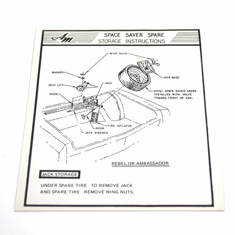 Jack Instructions Decal, Space Saver Tire, 1970 Ambassador, Rebel (Except Wagon)