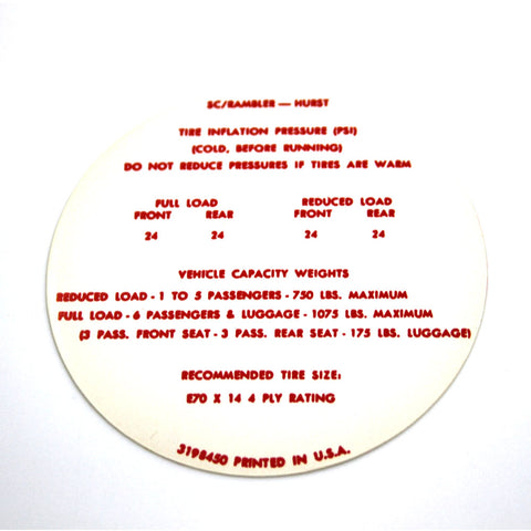 Tire Pressure Decal, 1969 AMC Hurst S/C Rambler Scrambler