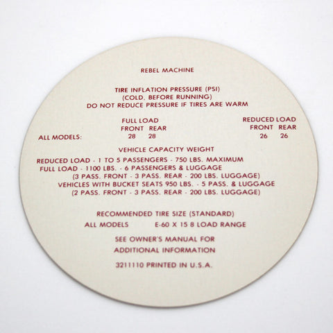 Tire Pressure Decal, 1970 AMC Rebel Machine