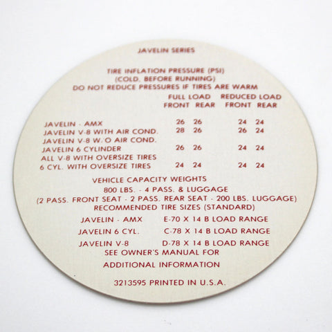 Tire Pressure Decal, 1971 AMC Javelin, Javelin AMX
