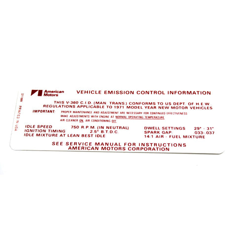 Emission Decal, 360 V-8 Manual Transmission, 1971 AMC