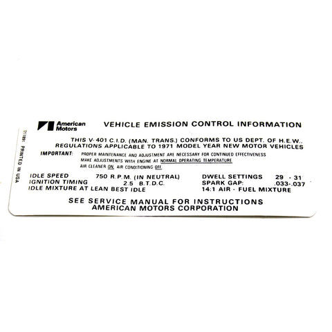 Emission Decal, 401 V-8 Manual Transmission, 1971 AMC