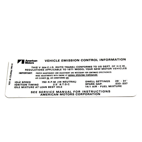 Emission Decal, 304 V-8 Automatic Transmission, 1971 AMC