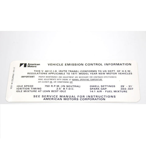 Emission Decal, 401 V-8 Automatic Transmission, 1971 AMC