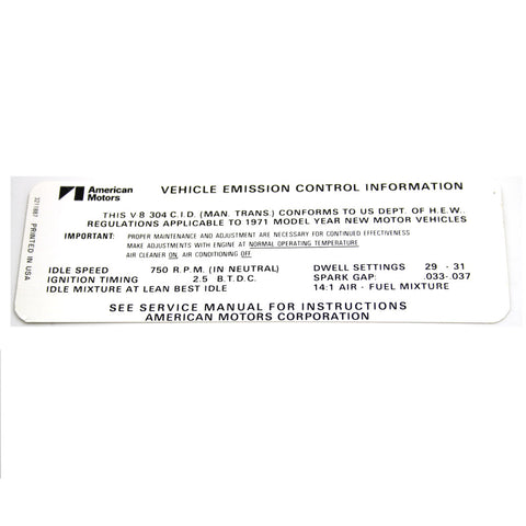 Emission Decal, 304 V-8 Manual Transmission, 1971 AMC