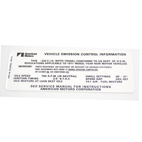 Emission Decal, 232 6 Cylinder Automatic Transmission, Except California, 1971 AMC