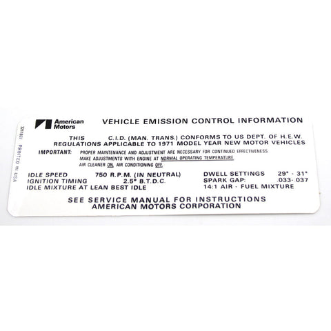 Emission Decal, 199 6 Cylinder Manual Transmission, 1970 AMC