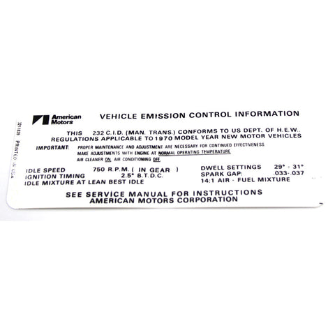 Emission Decal, 6 Cylinder Manual Transmission, 1970 AMC 232