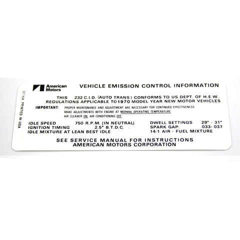 Emission Decal, 232 6 Cylinder Automatic Transmission, 1970 AMC