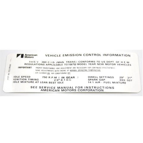 Emission Decal, 360 V-8 Manual Transmission, 1970 AMC