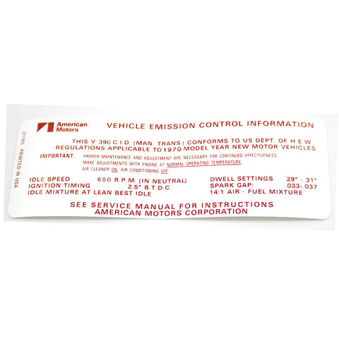 Emission Decal, 390 V-8 Manual Transmission, 1970 AMC