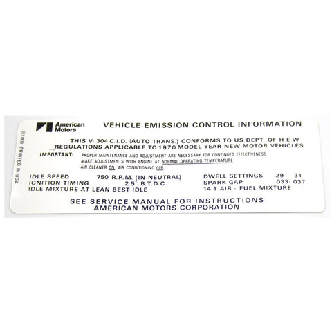 Emission Decal, 304 V-8 Automatic Transmission, 1970 AMC