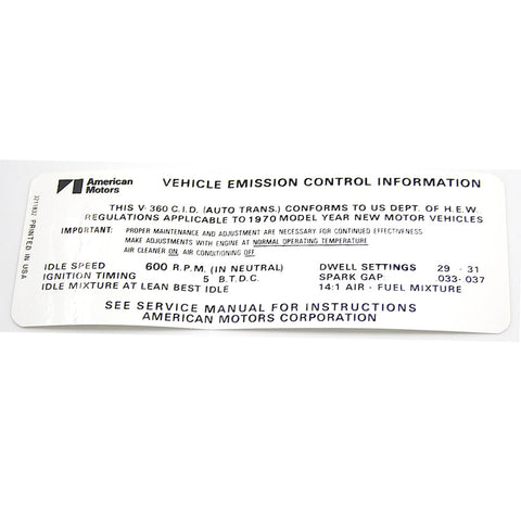Emission Decal, 360 V-8 Automatic Transmission, 1970 AMC