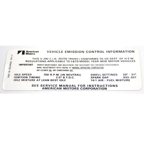 Emission Decal, 390 V-8 Automatic Transmission, 1970 AMC